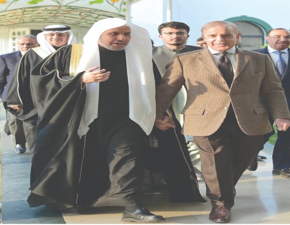 pm shehbaz sharif welcomes muslim world league secretary general dr mohammed bin abdul karim al issa prior to their meeting in islamabad photo express