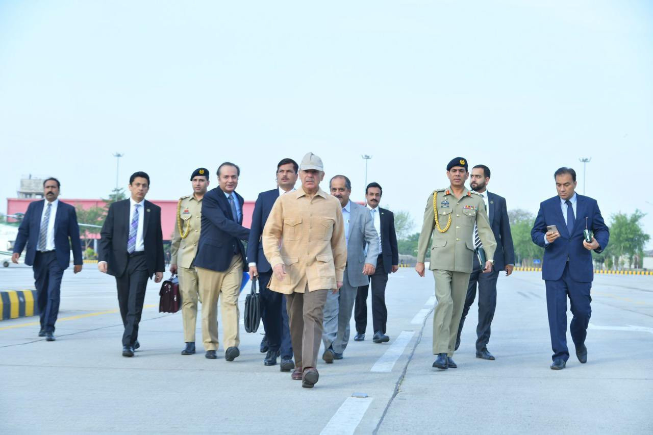 in this file photo prime minister shehbaz sharif visits peshawar mor metro bus station at 7 00 am to review the on ground progress on april 14 2022 photo twitter pmo