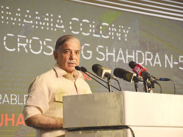 prime minister shehbaz sharif addresses a ceremony after reviewing the construction work at imamia colony railways crossing shahdara n 5 on april 15 2023 photo pid