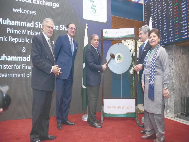 prime minister shehbaz sharif rings the bell during a visit to the pakistan stock exchange photo online