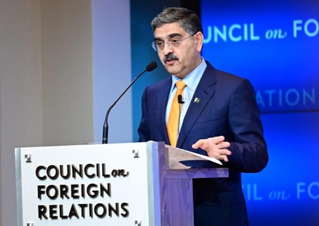 caretaker prime minister anwaarul haq kakar addresses the council on foreign relations in new york on september 21 2023 photo pid caretaker prime minister anwaarul haq kakar addresses the council on foreign relations in new york on september 21 2023 photo pid