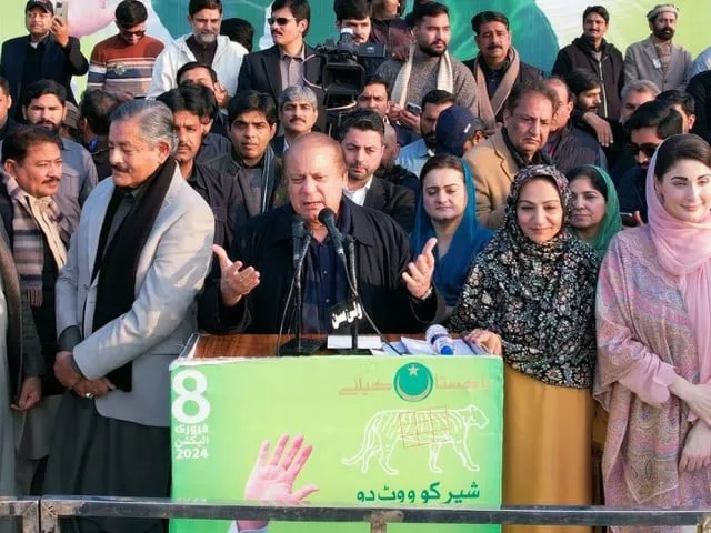 former prime minister nawaz sharif addressing a rally in hafizabad on january 18 2024 photo x pmln org former prime minister nawaz sharif addressing a rally in hafizabad on january 18 2024 photo x pmln org