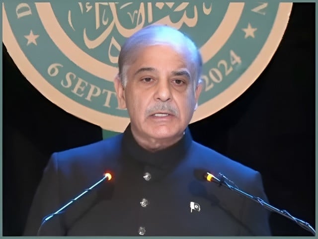 prime minister shehbaz sharif speaking at the central defence and martyrs day event at ghq in rawalpindi on friday screengrab