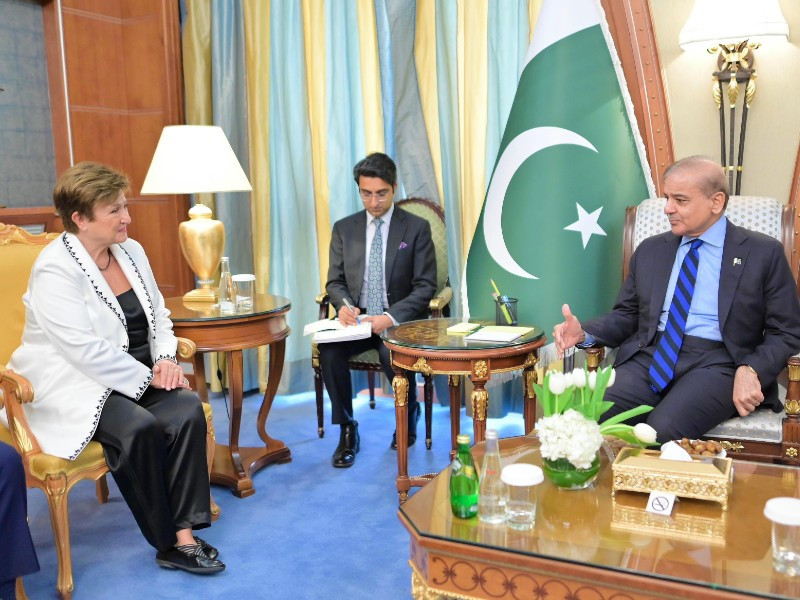 managing director of imf calls on prime minister shehbaz sharif on the sidelines of a special meeting of the world economic forum on april 28 2024 photo pid