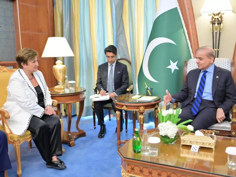 managing director of imf calls on prime minister shehbaz sharif on the sidelines of a special meeting of the world economic forum on april 28 2024 photo pid managing director of imf calls on prime minister shehbaz sharif on the sidelines of a special meeting of the world economic forum on april 28 2024 photo pid