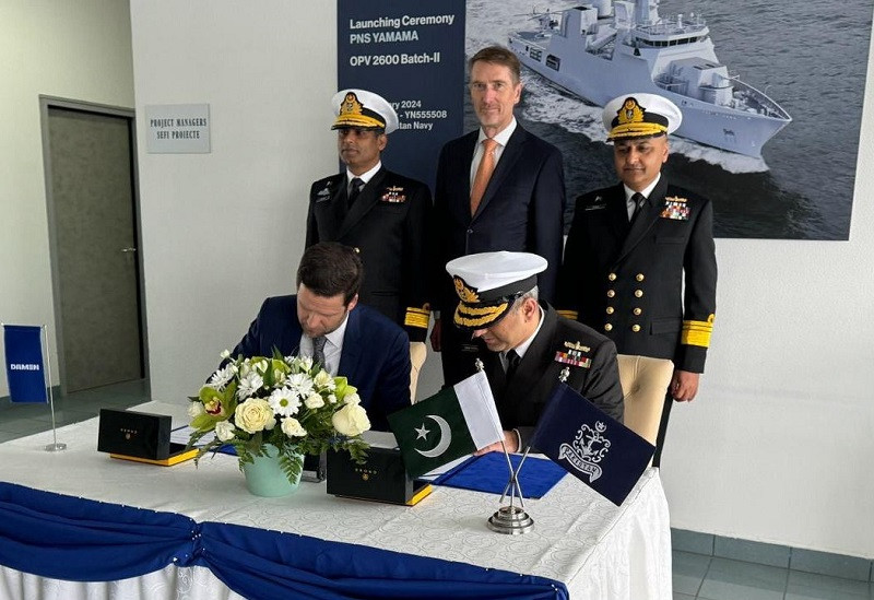 Vice Chief of The Naval Staff Admiral Ovais Ahmed Bilgrami during handing/ taking ceremony between Pakistan Navy and M/s DAMEN Shipyard officials during Launching ceremony of Offshore Vessel PNS Yamama at M/s DAMEN Shipyard Galati, Romania. PHOTO: ISPR