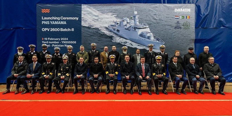 pakistan navy and m s damen shipyard officials during launching ceremony of pns yamama at m s damen shipyard galati romania photo ispr