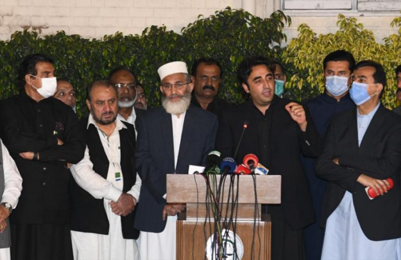 ppp chairman bilawal bhutto zardar addressing joint press conference with ji chief sirajul haq in lahore screengrab