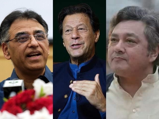 pti leaders asad umar l imran khan c and azam khan r