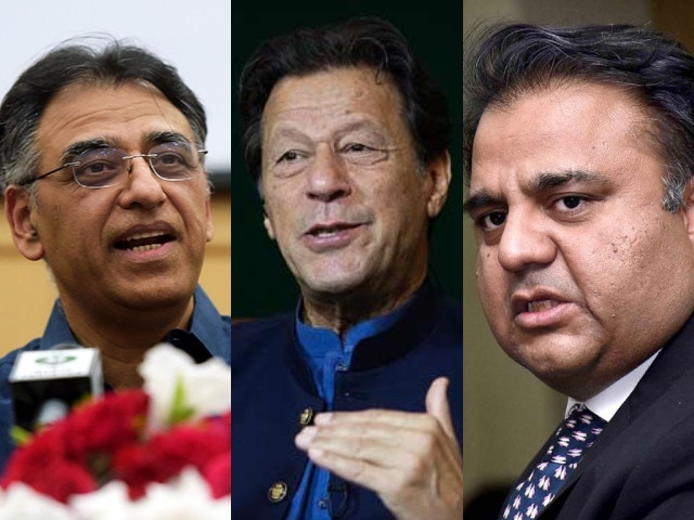 pti general secretary asad umar l chairman imran khan c and senior leader fawad chaudhry r