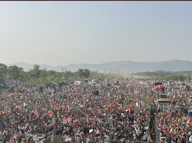 a view of pti supporters gathered at parade ground in islamabad to attend the public gathering photo ptiofficial