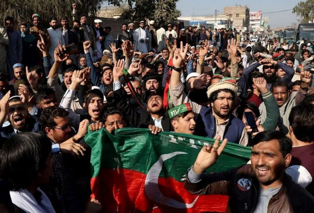 supporters of pti during a protest outside a temporary election commission office in peshawar february 9 2024 photo reuters supporters of pti during a protest outside a temporary election commission office in peshawar february 9 2024 photo reuters