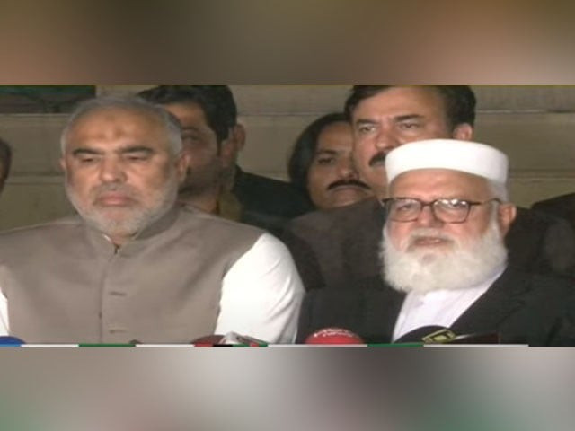 pti leader asad qaiser and ji s liaquat baloch address media screengrab pti leader asad qaiser and ji s liaquat baloch address media screengrab