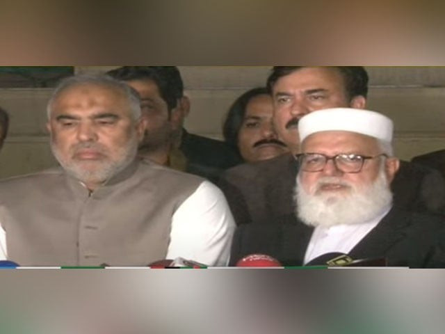 pti leader asad qaiser and ji s liaquat baloch address media screengrab