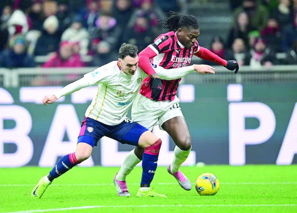 ac milan s rafael leao in action with cagliari s nadir zortea during the serie a match at san siro milan on january 11 photo reuters