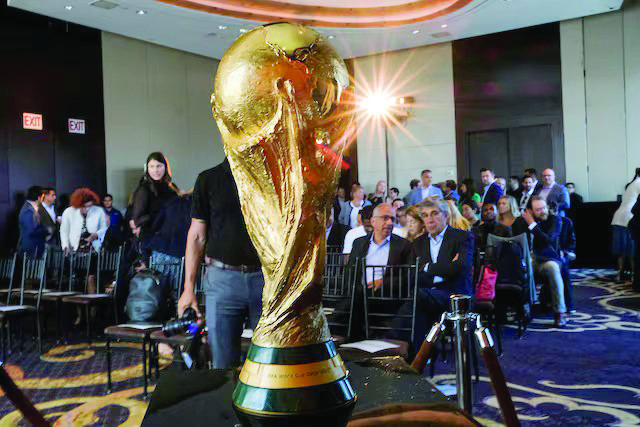 expansion the official fifa world cup trophy is seen before a news conference in new york city new york us on june 17 2022 photo reuters