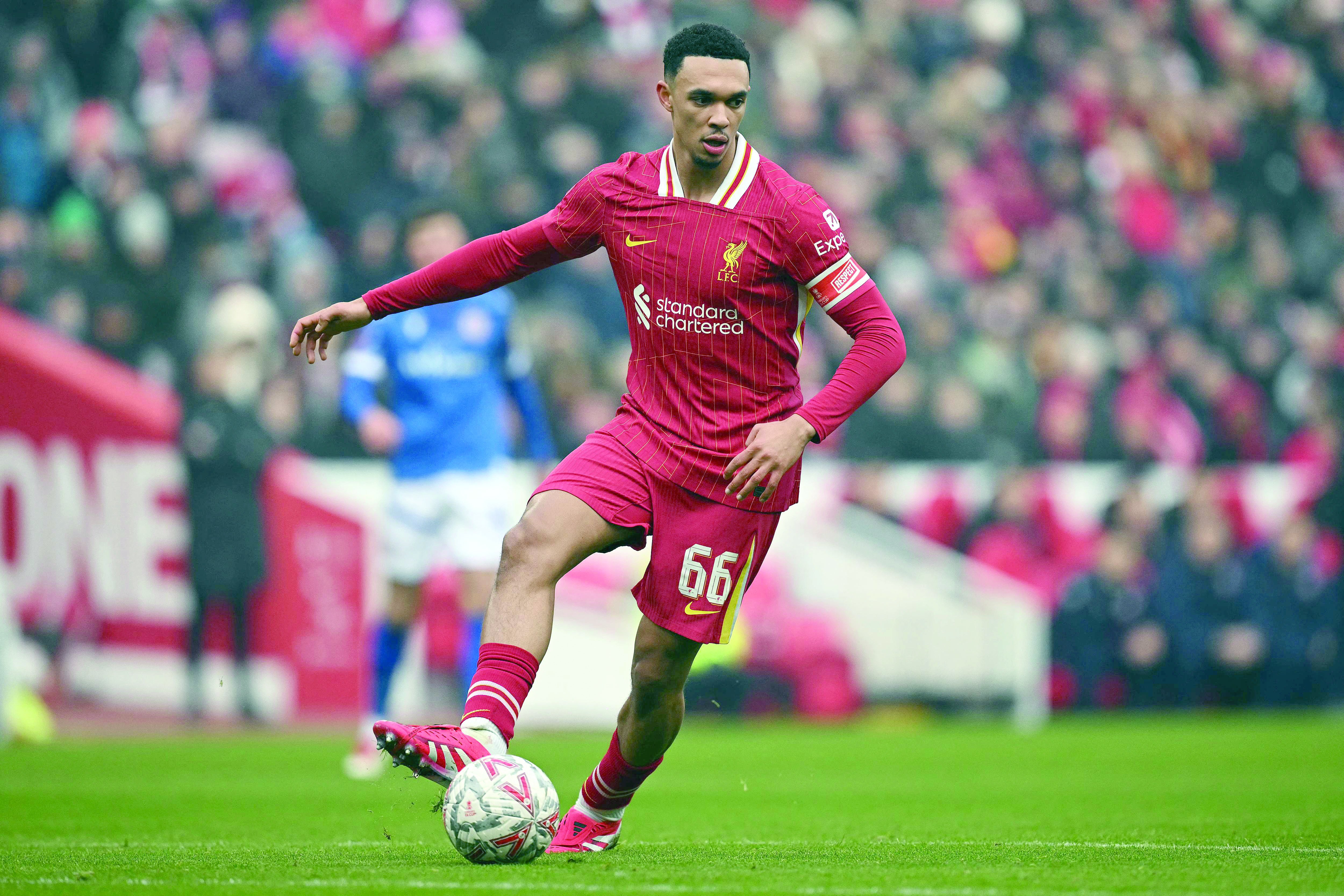 liverpool s trent alexander arnold controls the ball during the english fa cup third round football match against accrington stanley at anfield in liverpool on january 11 photo afp