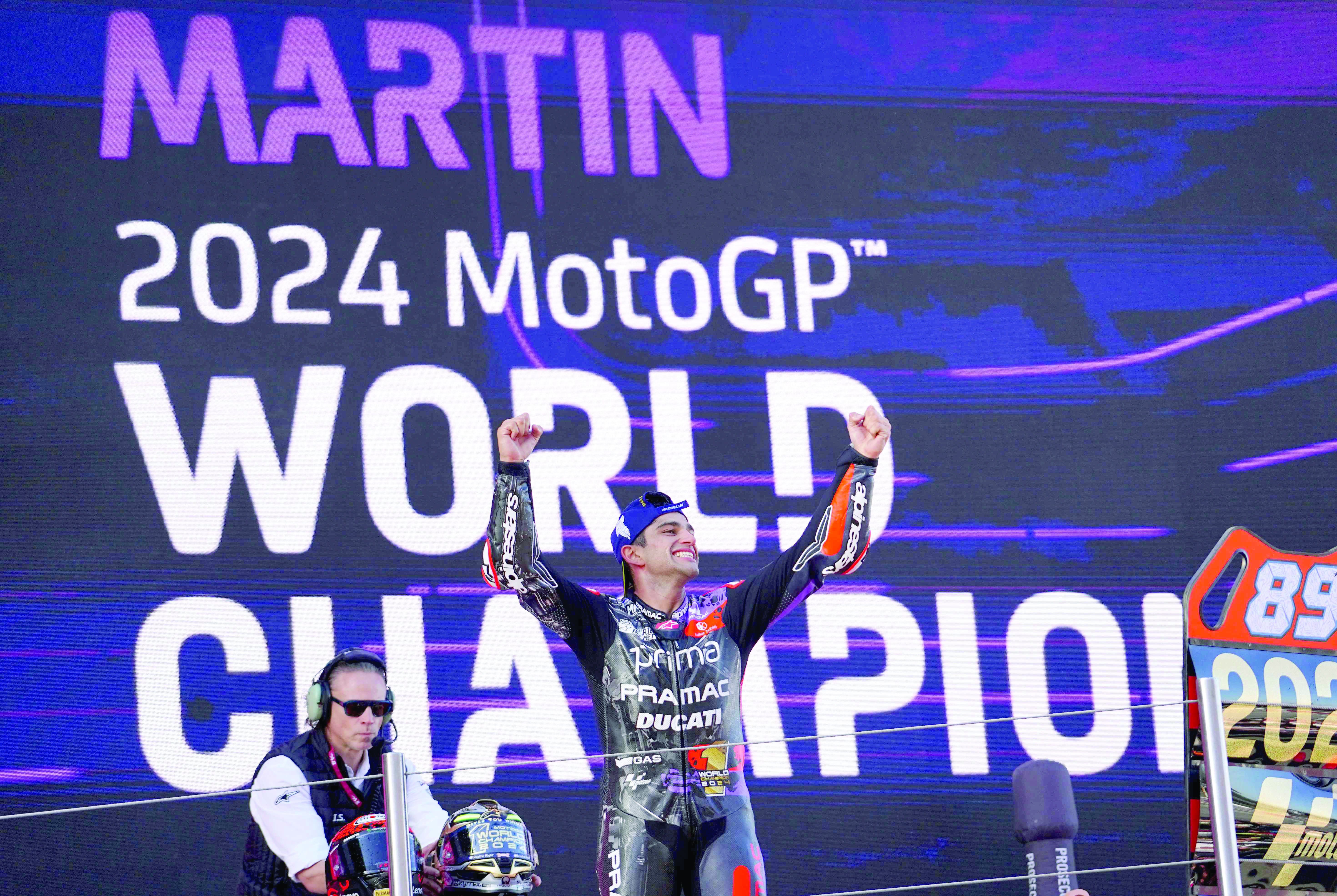 the new world champion ducati spanish rider jorge martin celebrates on the podium after the motogp solidarity grand prix of barcelona at the circuit de catalunya photo afp