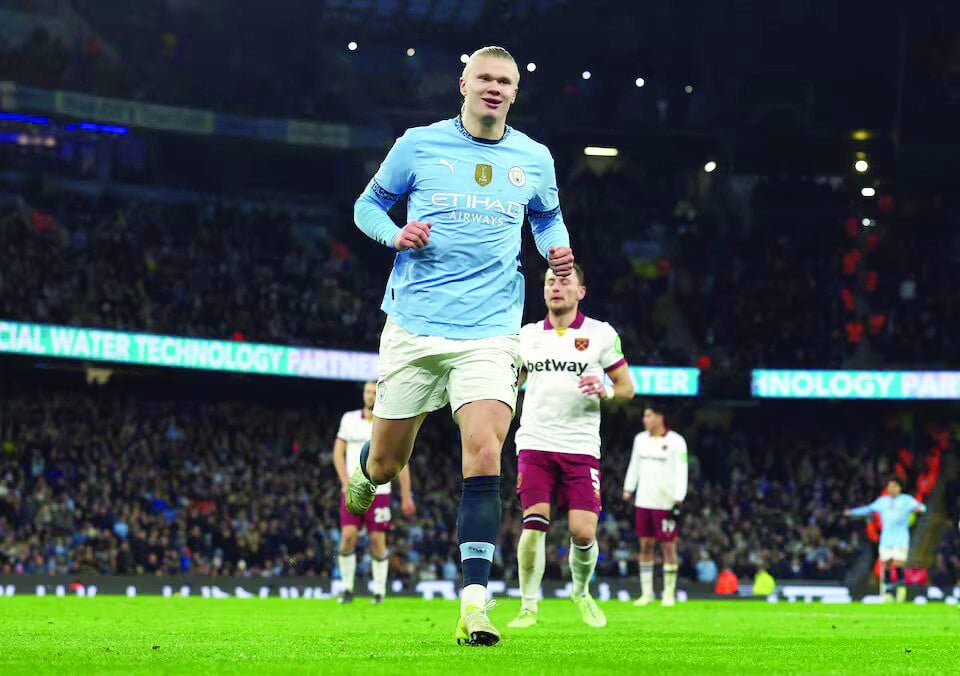 manchester city s erling haaland celebrates scoring their third goal during the premier league match against west ham united at etihad stadium on january 4 photo reuters