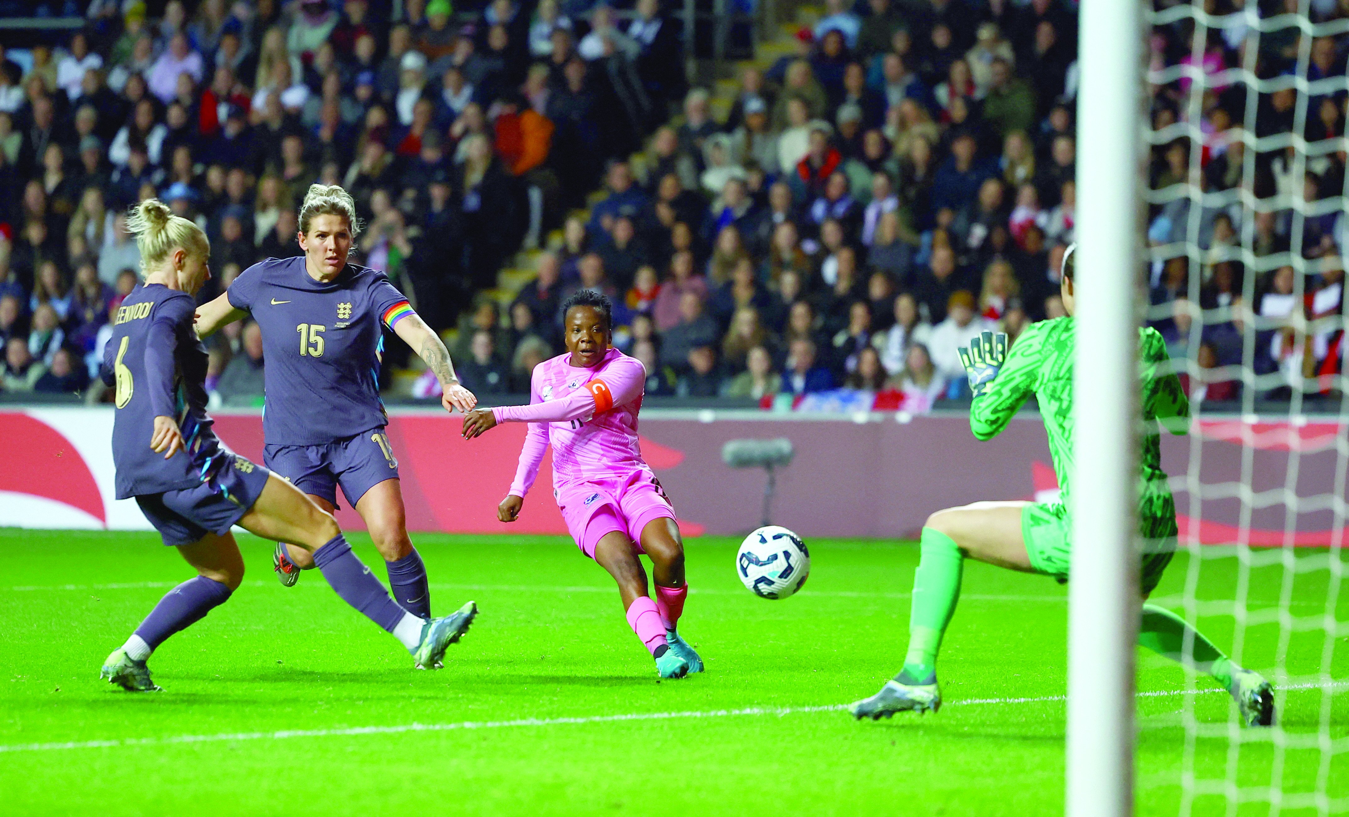 south africa s thembi kgatlana shoots at goal during the women s international friendly against england at coventry building society arena photo reuters