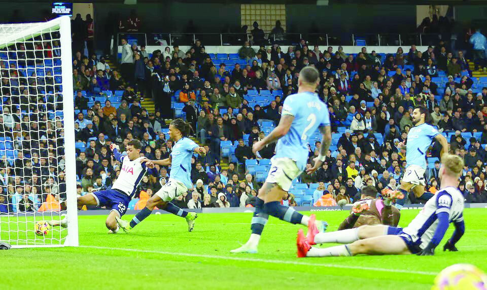 tottenham hotspur s brennan johnson scores their fourth goal during the premier league match against manchester city at etihad stadium manchester photo reuters