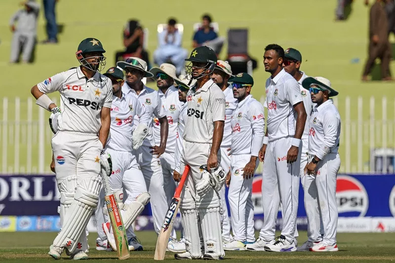 pakistan shan masood l and saim ayub c look on as they wait for the third umpire decision during the first day of the first test cricket match between pakistan and bangladesh at the rawalpindi cricket stadium in rawalpindi on august 21 2024 photo afp pakistan shan masood l and saim ayub c look on as they wait for the third umpire decision during the first day of the first test cricket match between pakistan and bangladesh at the rawalpindi cricket stadium in rawalpindi on august 21 2024 photo afp