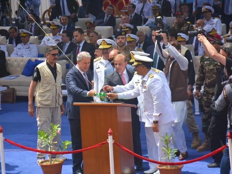 prime minister shehbaz sharif launching milgem class corvette pns badar at karachi shipyard and engineering works on may 20 2022 photo pid prime minister shehbaz sharif launching milgem class corvette pns badar at karachi shipyard and engineering works on may 20 2022 photo pid