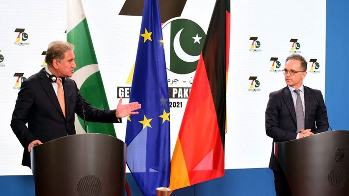 foreign minister shah mahmood qureshi addressing a joint news conference with his german counterpart heiko maas photo radio pakistan