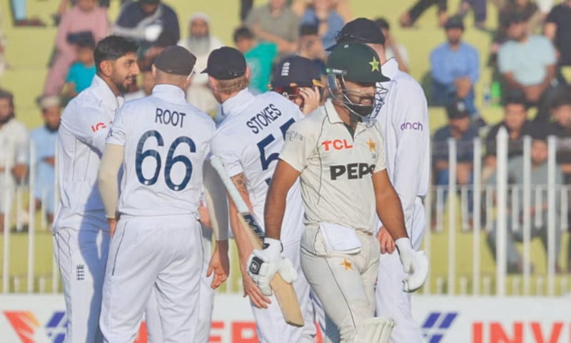 england s shoaib bashir left celebrates with teammates after dismissing pakistan s abdullah shafique on first day of pindi test photo reuters