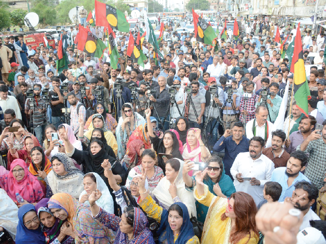 hear us loud and clear ppp activists march against imran khan s controversial statements about the country and its institutions in the pakistan khappay rally on a road in the saddar area on sunday photo express