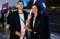 eddie ockenden and jessica fox with the australian flag on the aussie boat photo afp