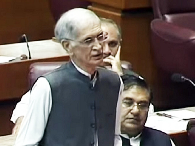 defence minister pervez khattak addressing the budget session in national assembly screengrab