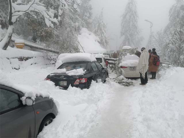 people stand next to cars stuck under fallen trees on a snowy road in murree on jan 07 2022 photo reuters