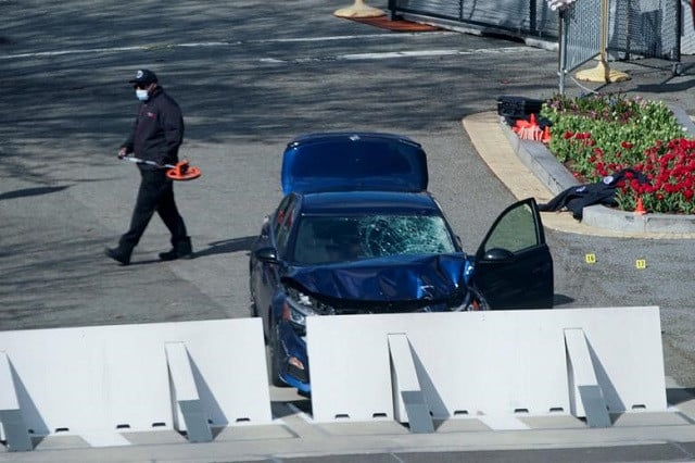a blue car is seen after ramming a police barricade outside the us capitol building in an incident that reportedly resulted in the death of one capitol police officer the injury of another officer and the death of the driver as a result of police gunfire on capitol hill in washington us april 2 2021 photo reuters