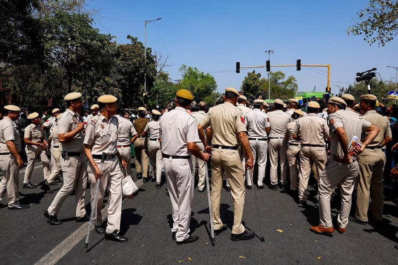policemen outside shaheedi park amid call given by aap to protest against arrest of party leader kejriwal in new delhi india march 23 2024 photo reuters