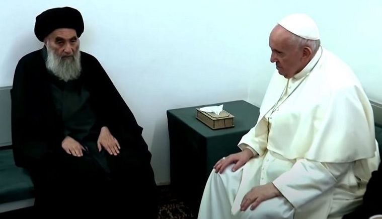 a screengrab of meeting between pope francis grand ayatollah ali al sistani which took place at the humble home sistani has rented for decades located near the golden domed imam ali shrine in najaf photo reuters screengrab