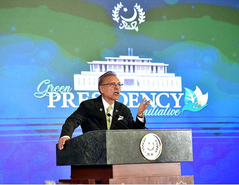 president dr arif alvi addressing the event to celebrate award winning project green presidency at aiwan e sadr december 18 2023 photo app