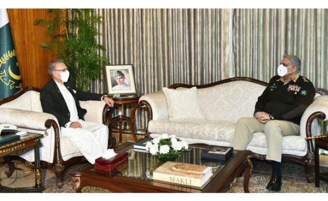 president arif alvi and chief of the army staff gen qamar javed bajwa pictured during a meeting in islamabad on feb 14 2022 photo app