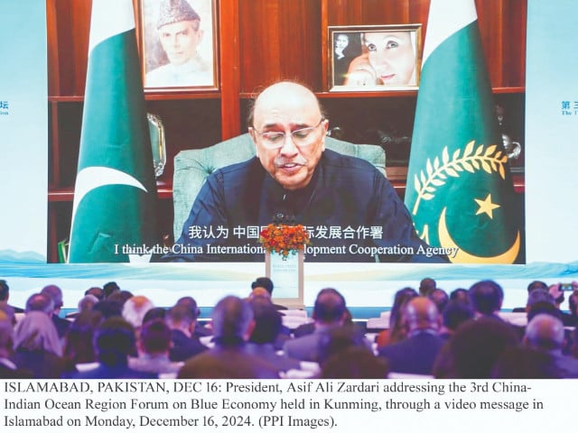 president zardari addresses the 3rd china indian ocean region forum on blue economy held in kunming via video link photo ppi