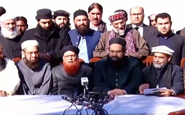 special representative to prime minister on religious affairs tahir ashrafi and other top clerics speak to the media following a meeting with the sri lankan high commissioner at the sri lankan high commission in islamabad on dec 7 video screengrab