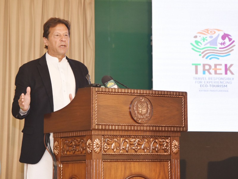 prime minister imran khan addresses the launching and partnership signing ceremony of travel responsibly for expereincing eco tourism trek in islamabad on december 11 2020