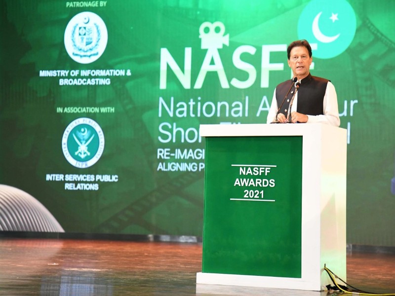 prime minister imran khan addresses the grand finale and award ceremony of national amateur film festival 2021 in islamabad on june 26 2021 photo pid