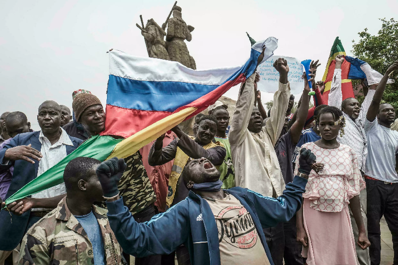 protesters in malian capital bamako often wave russian flags during demonstrations against french influence photo afp file