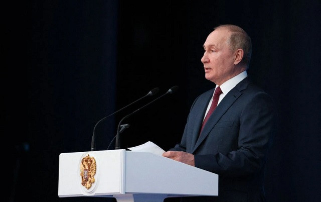 russian president vladimir putin delivers a speech during an event marking the 300th anniversary of the foundation of the russian prosecution service in moscow russia january 12 2022 photo reuters