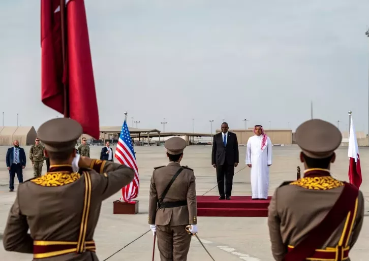 us secretary of defense lloyd austin is welcomed by qatar s minister of defense khalid bin mohammad al attiyah during his visit to al udeid air base doha qatar december 19 2023 sarah williams u s air force handout via photo reuters us secretary of defense lloyd austin is welcomed by qatar s minister of defense khalid bin mohammad al attiyah during his visit to al udeid air base doha qatar december 19 2023 sarah williams u s air force handout via photo reuters