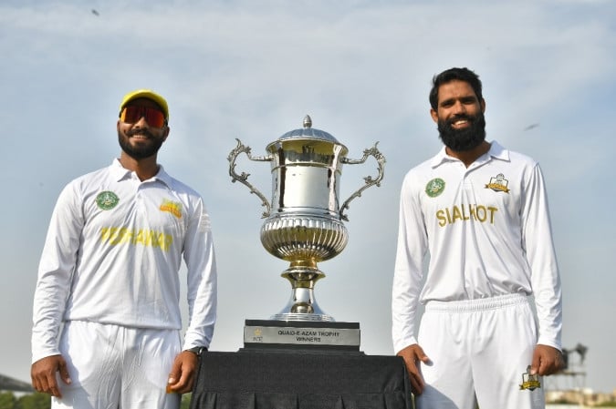 both captains sajid khan and amad butt posing with the trophy ahead of the final photo pcb