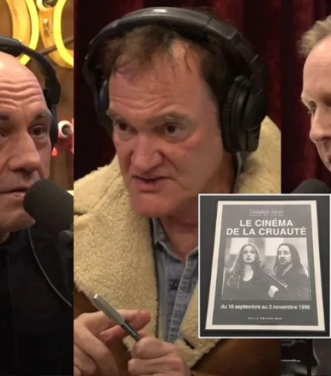 quentin tarantino middle and roger avary right talk to joe rogan left about the creation of killing zoe images courtesy joe rogan experience on youtube roger avary on instagram