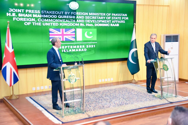 foreign minister shah mahmood qureshi british foreign secretary dominic raab address joint press conference during latter s two day visit to islamabad photo screengrab