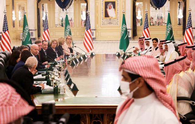 us president joe biden participates in a bilateral meeting with saudi arabia s crown prince mohammed bin salman at al salam royal palace in jeddah saudi arabia july 15 2022 photo reuters