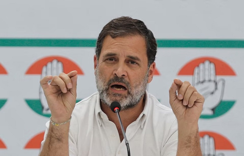 Rahul Gandhi, a senior leader of India's main opposition Congress party, gestures as he addresses the media during the party's manifesto release event ahead of the general election, in New Delhi, India, April 5, 2024. PHOTO: REUTERS